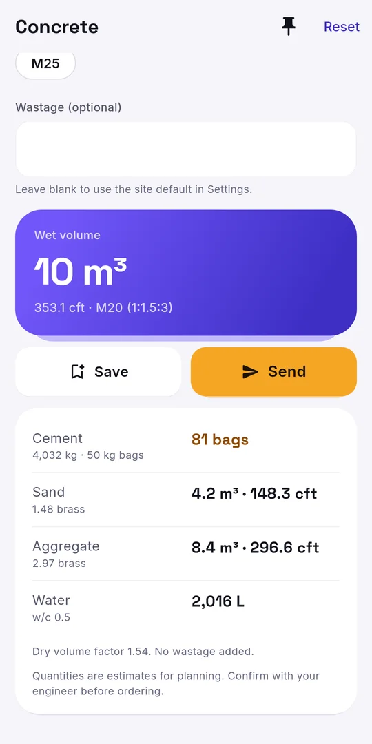 Concrete calculator with cement bags, sand and aggregate