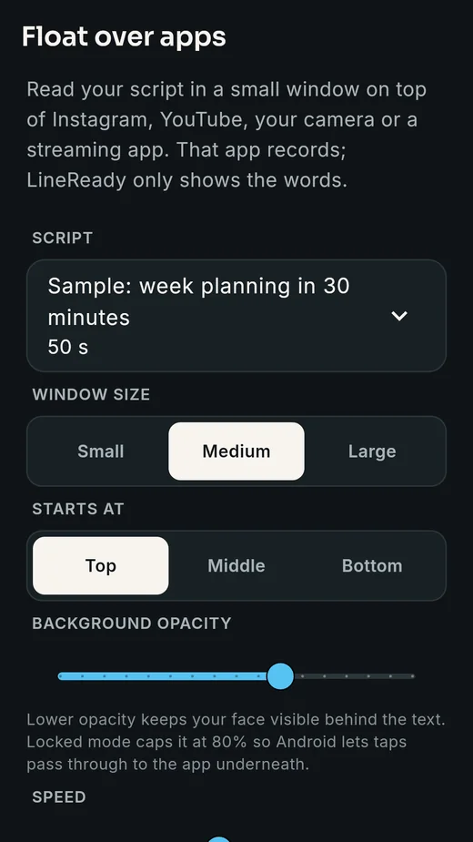 LineReady floating prompter setup: window size, position and opacity