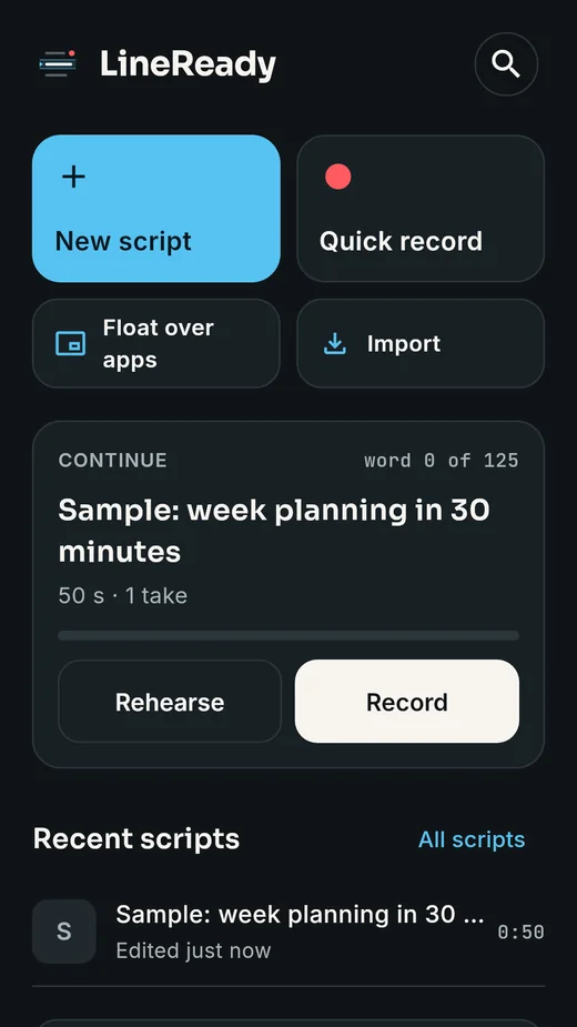 LineReady home screen with new script, quick record and float over apps