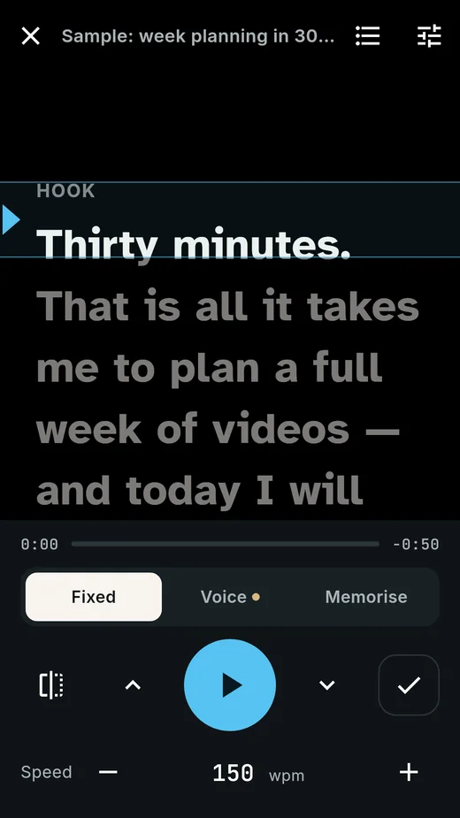 LineReady prompter scrolling a script at 150 words per minute