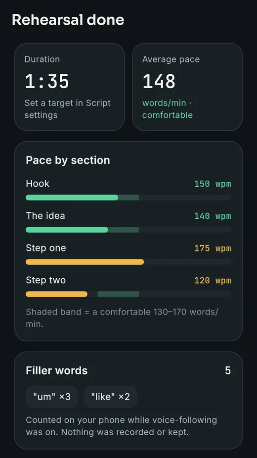 LineReady rehearsal summary with pace by section and filler words